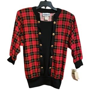 •PETER POPOVITCH•NWT VINTAGE BUFFALO PLAID GOLD BUTTON 3/4 SLEEVE BLOUSE SMALL